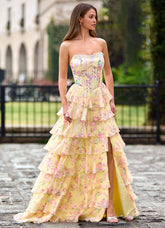 Papapym Yellow Printed Flowers Prom Dress