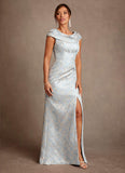 Dusty Blue A-Line Pleated Floral Jacquard Dress