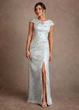 Dusty Blue A-Line Pleated Floral Jacquard Dress