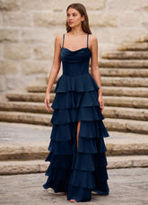 Rhythm Navy Ruffled A-Line Prom Dress