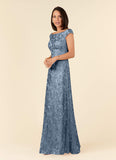 Dusty Blue A-Line Off the Shoulder Lace Dress