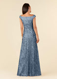 Dusty Blue A-Line Off the Shoulder Lace Dress