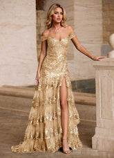 Jenna Champagne Ruffled Glitter Mermaid Prom Dress