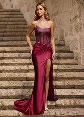 Glint Burgundy Asymmetrical Rhinestone Prom Dress