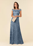 Dusty Blue A-Line Off the Shoulder Lace Dress