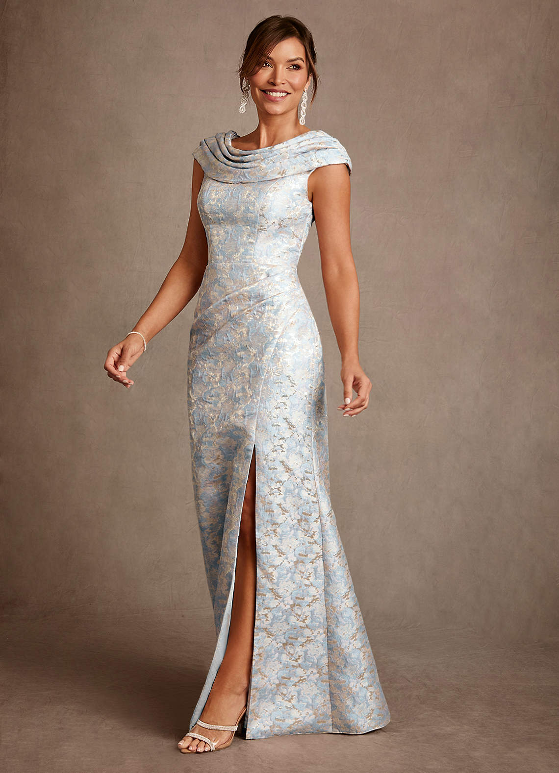 Dusty Blue A-Line Pleated Floral Jacquard Dress