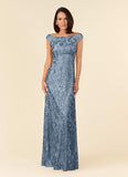 Dusty Blue A-Line Off the Shoulder Lace Dress